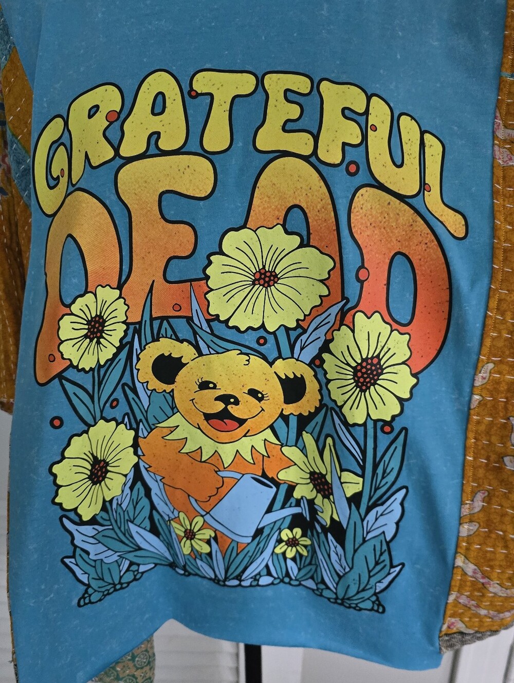 Upcycled Grateful Dead Band Tee With Kantha Sleeves, OS - Picture 6 of 7
